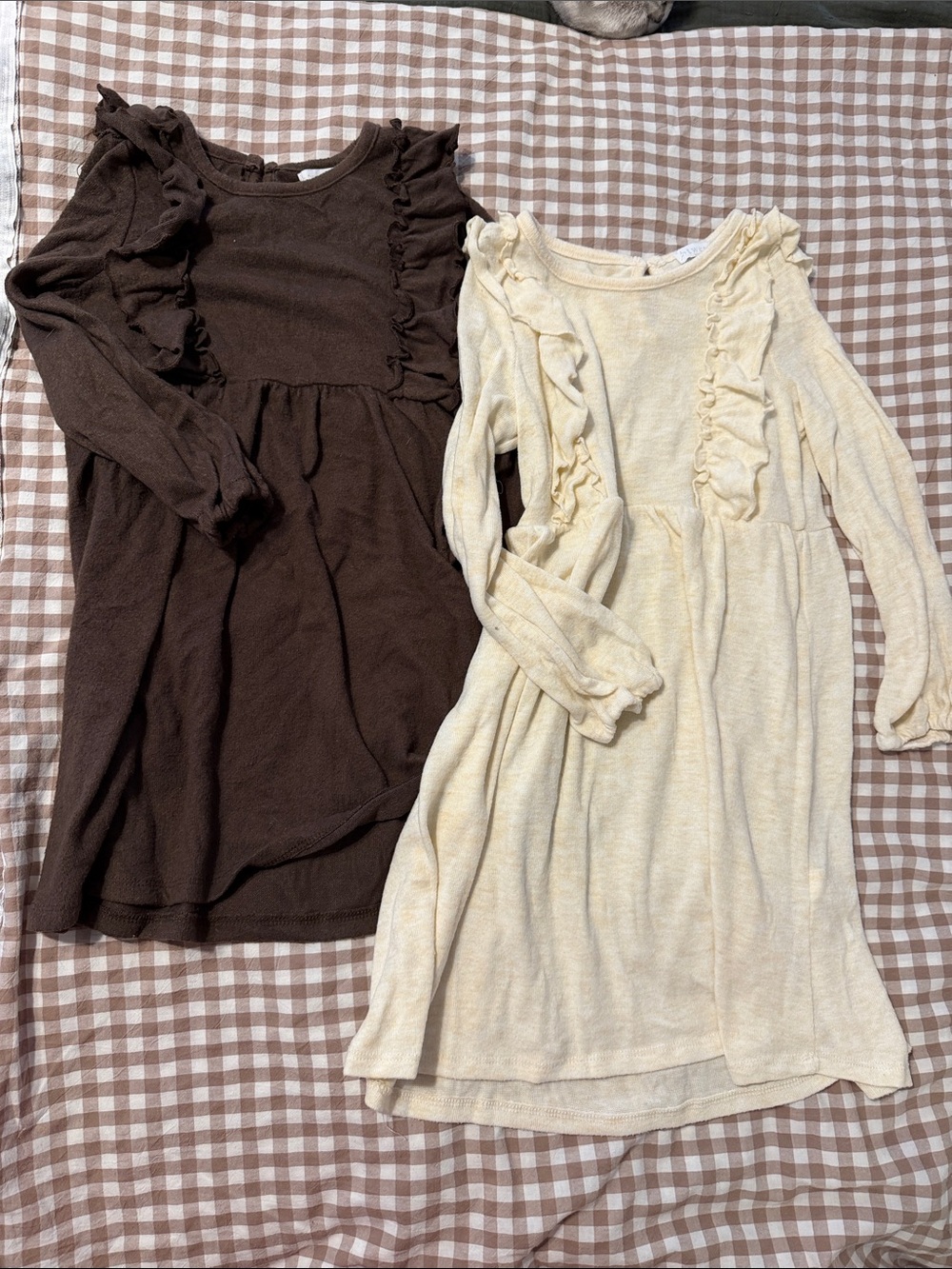 Girls' Long-Sleeve Ruffle Knit Dress - Brown & Cream